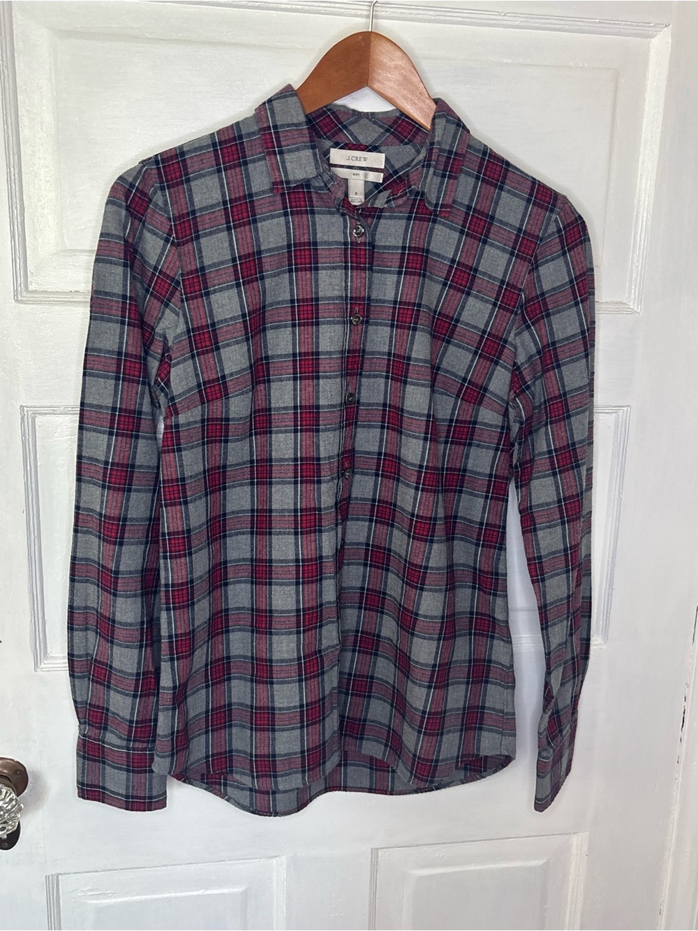 J. Crew Women's Red and Gray Plaid Button-Down Shirt